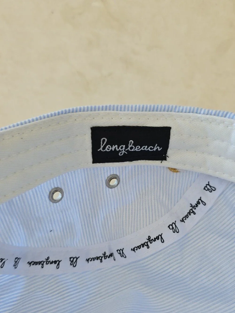 Long Beach Embroidered Logo Adjustable Baseball Cap - Blue & White Stripes